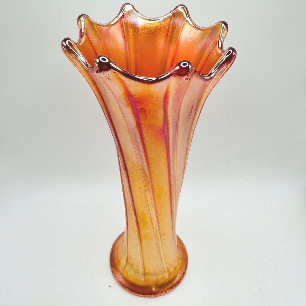 Antique Northwood Thin Rib Marigold Carnival Glass Vase Ruffled Rim c1910